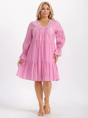 "Angela Plus" Plus Size Long Sleeve V-neck Tunic Tiered Embroidery Mini Dress